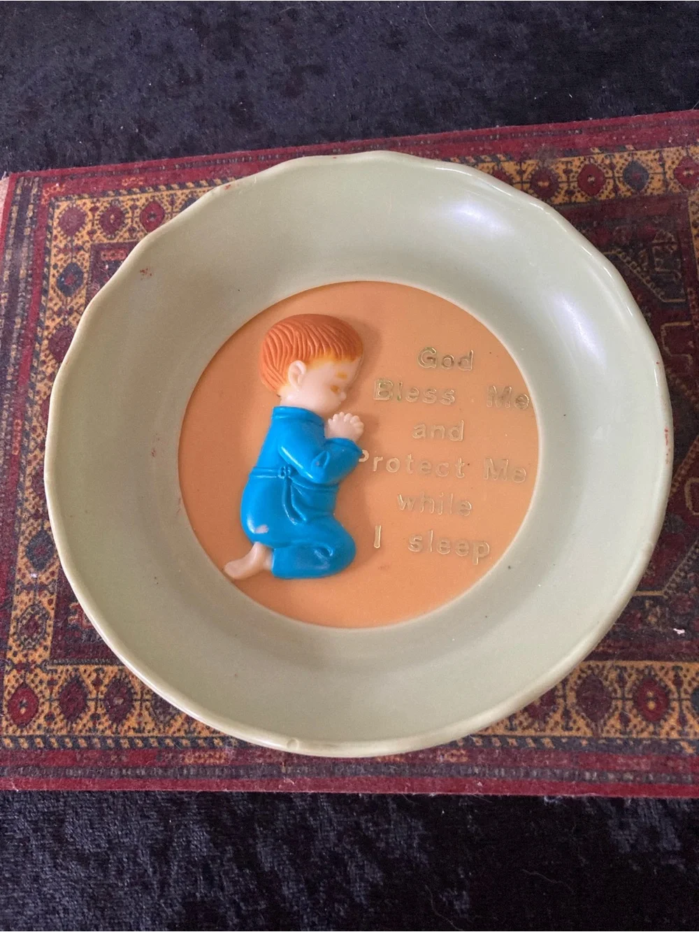 Vintage Melamine Childs Praying Boy Bath Plate God Bless Me  Nursery Decor